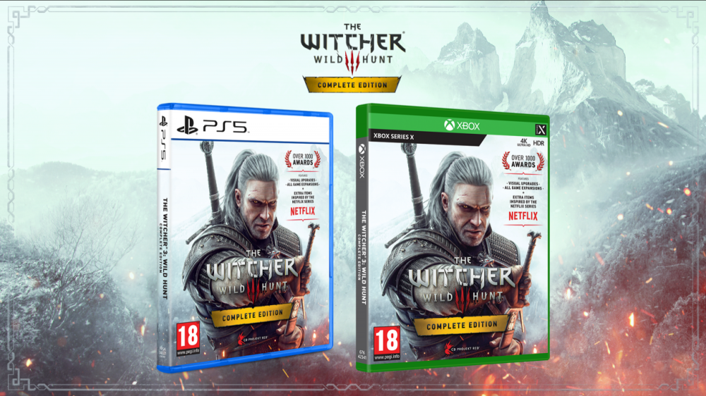 Box art showing PlayStation 5 and Xbox Series X|S covers for The Witcher 3: Wild Hunt - Complete Edition. A white haired man pulling out a sword adorns both covers with the title of the game overlayed.