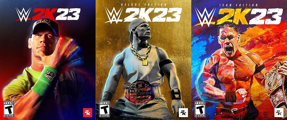 Three covers for WWE 2K23 featuring John Cena on each in different poses. Each cover says "WWE 2K23" on them. Each features a man, a wrestler, in different art styles and poses.