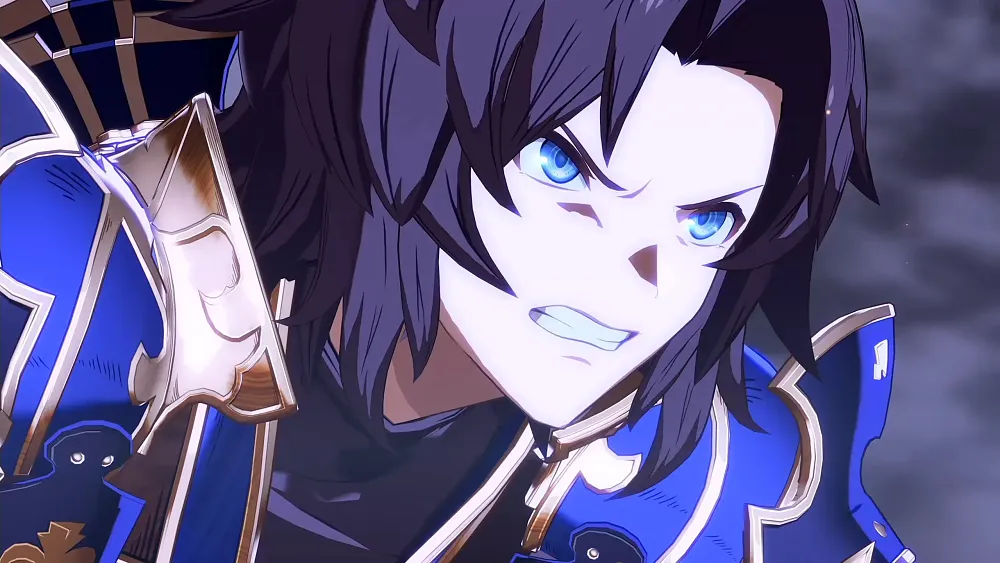 Image of an anime character looking angry but determined. They have purple hair, blue eyes, and some sort of shoulder armor that is blue and gold.
