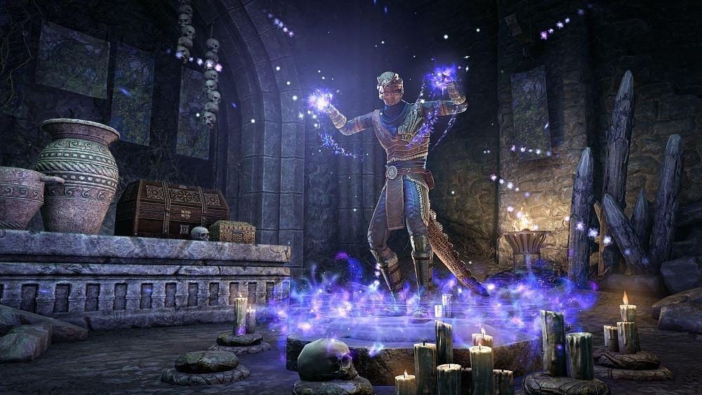A lizard person with glowing purple hands standing in a purple mist. They stand in some sort of a crypt surrounded by candles, skulls, large vases, and chests.