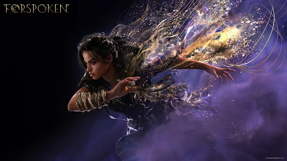 A girl running towards the left side of the image. She has a trail of gold particles behind her. The word "Forspoken" is on the image. A plan purple background is behind the girl.