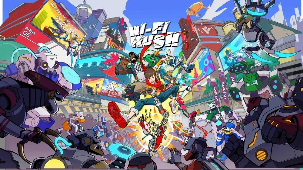 Key art and logo for Hi-Fi Rush. There are a lot of colorful, animated characters fighting against animated robotic style enemies.