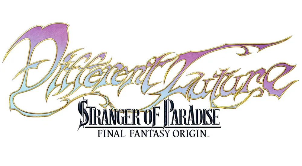 Logo for a game on a white background. It says "Different Future. Stranger of Paradise Final Fantasy Origin."