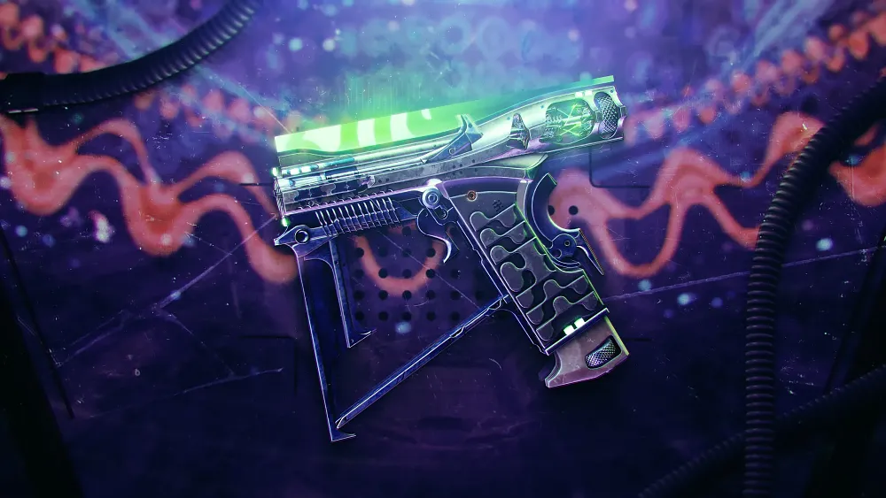 A sci-fi style weapon from a video game. The gun resembles a pistol where the top is glowing green components and green lasers as part of the design.