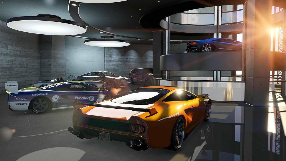 Screenshot from a video game showing a car showcase room with several exotic cars and sports cars on display.