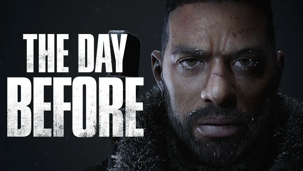 A man with a beard and blood on his face, wearing a coat is staring at the viewer. There is snowflakes on his beard, eye lashes, and coat. On the left of the image the words "The Day Before" are shown.