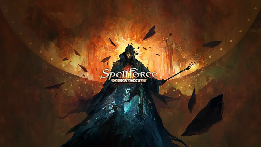 A mage with a black cloak and long wizard staff standing in front of what looks like half of a moon or planet. The entire image looks to be painted in water color paint. The words "SpellForce: Conquest of Eo" are seen.