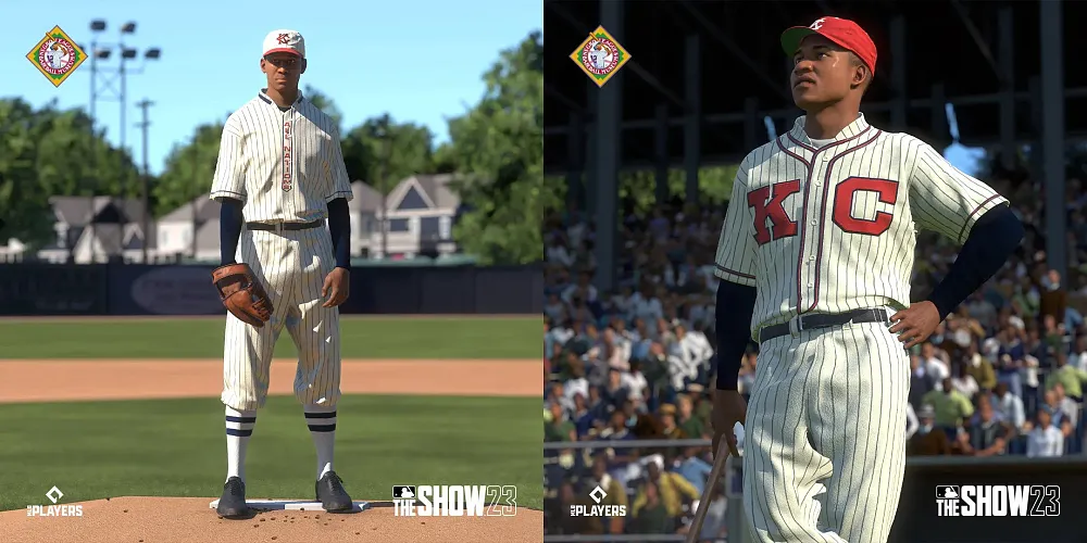 Two images from MLB The Show 23 showing Negro League Legends John Donaldson and Hank Thompson.