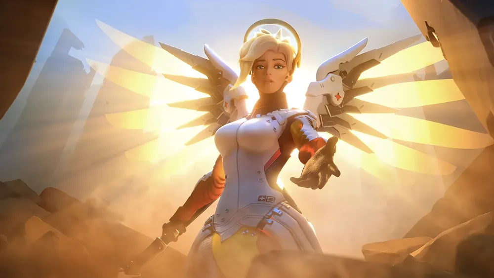 A woman with blond hair, a metal halo, and mechanical angel wings wearing a tight, white outfit is extending a hand towards the camera. She is backlit by sunlight.