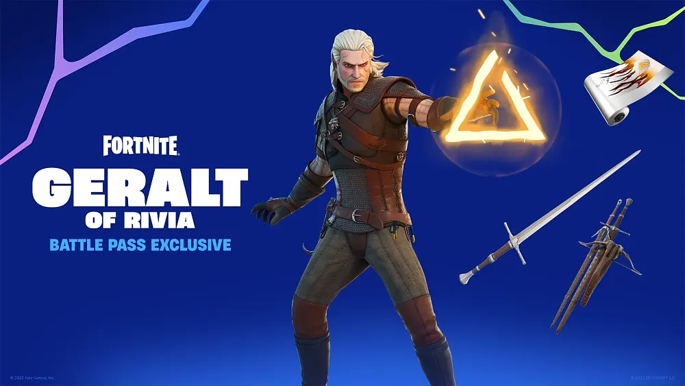A man with silver hair casting a magic spell in the shape of a triangle. The man is wearing light armor resembling medieval-style armor. On the right are floating images of a drawing, a sword, and two sheathed swords. On the left are the words Fortnite Geralt of Rivia. Battle Pass Exclusive.