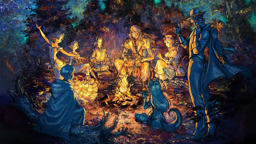 Artwork showing a bunch of different characters, some with animal tails but still humanoid, sitting around and dancing around a campfire.