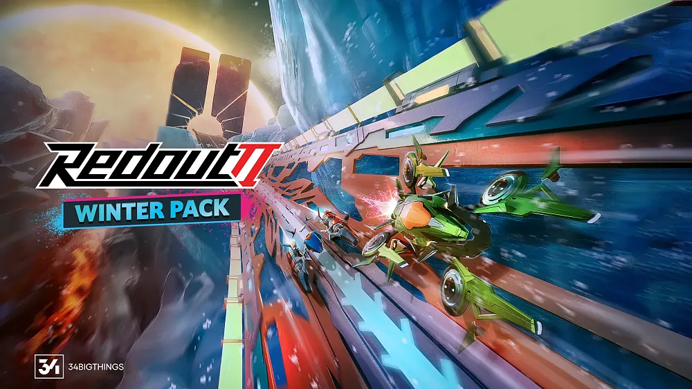 Redout 2 Winter Pack. There are futuristic racing vehicles on a track tilted vertically.
