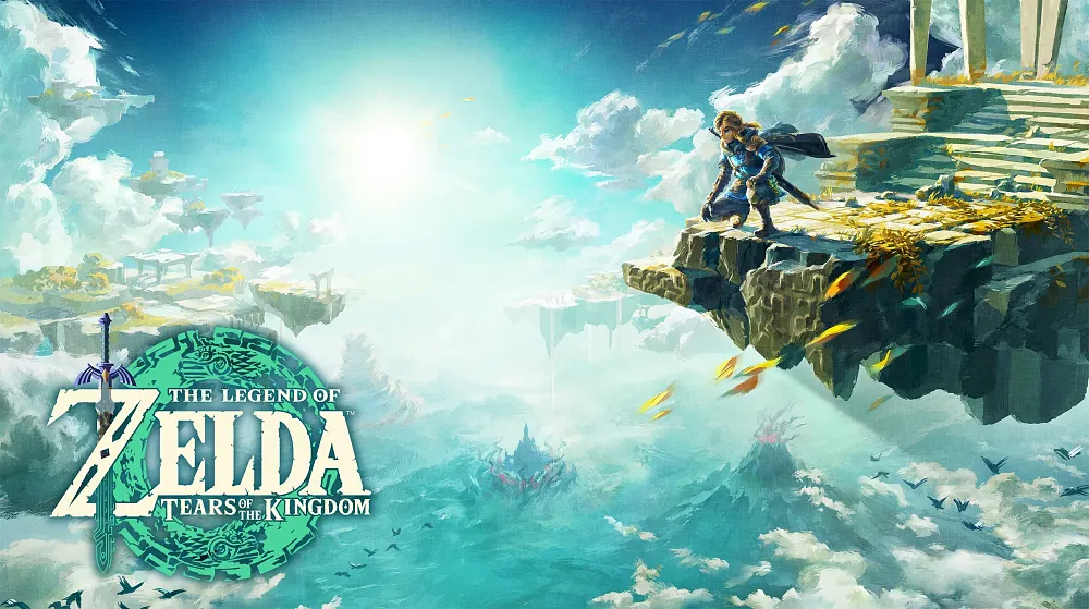 The Legend of Zelda: Tears of the Kingdom. A boy in a green tunic perches near the edge of a floating rock island and looks down upon the clouds and lands below.