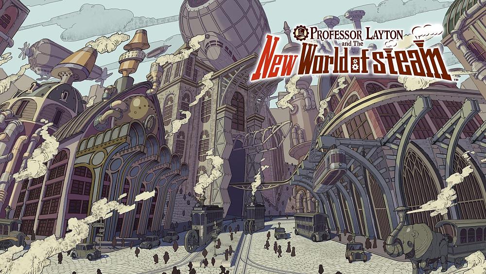 Professor Layton and The New World of Steam. The image shows a futuristic steampunk style city where everything is powered by steam. There are also tall industrial style buildings and a couple of flying blimps in the sky.