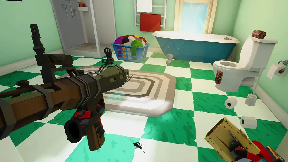 View of someone holding an RPG in a bathroom and aiming it at a spider on the floor.