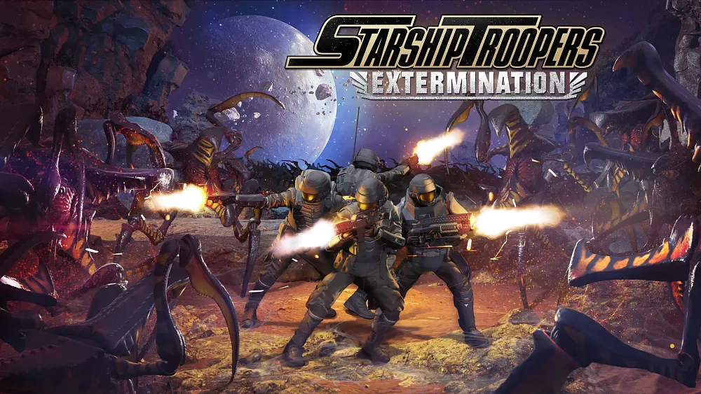 A group of space marines firing sci-fi weapons against a ring of giant alien bugs.