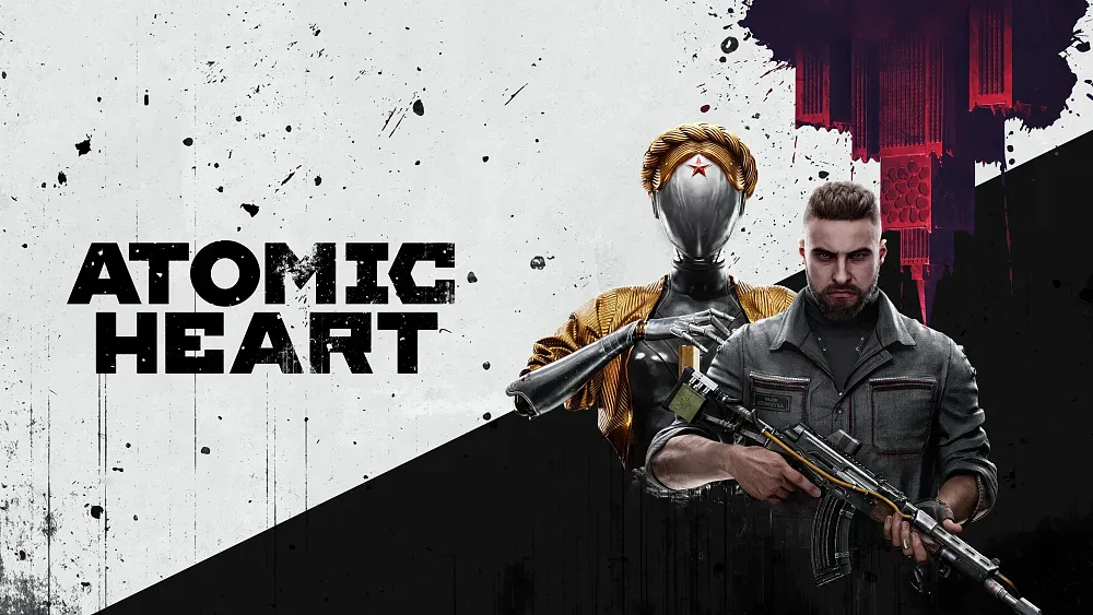 Words Atomic Heart on the left with a gruff man holding a gun stands on the right side of the image.