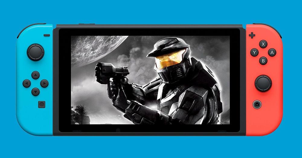 Image of a Nintendo Switch handheld where the screen shots an image of the green armored Master Chief from Microsoft Xbox's Halo franchise.