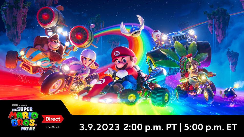 A bunch of Mario characters in go-karts in a promo shot for the upcoming Mario Bros. movie.