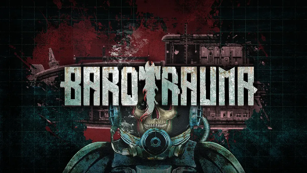 The word 'Barotrauma' over an image of a skeleton inside of a dive suit.