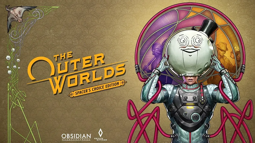 Key art for The Outer Worlds: Spacer's Choice Edition with the title on the left side. On the right is a person in a space suit putting on a helmet that looks like a moon complete with a face and top hat.