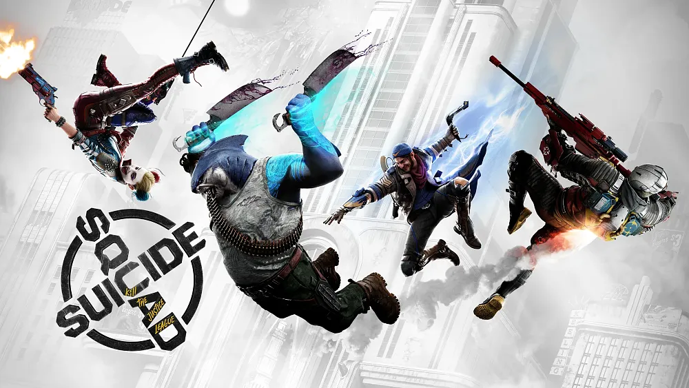 The game logo on a white background. Four anti-heroes are jumping through the air in various poses.