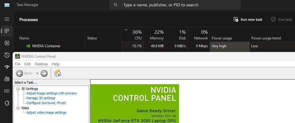 Image showing a computer task manager and partial Nvidia control panel window.