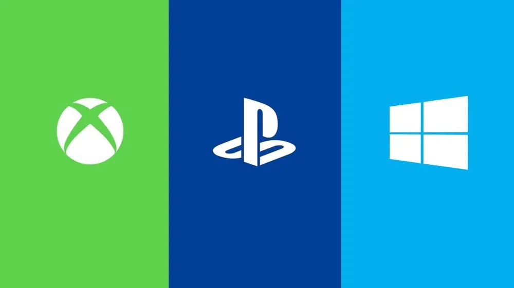 Three game company logos showing Xbox, PlayStation, and Windows (PC).