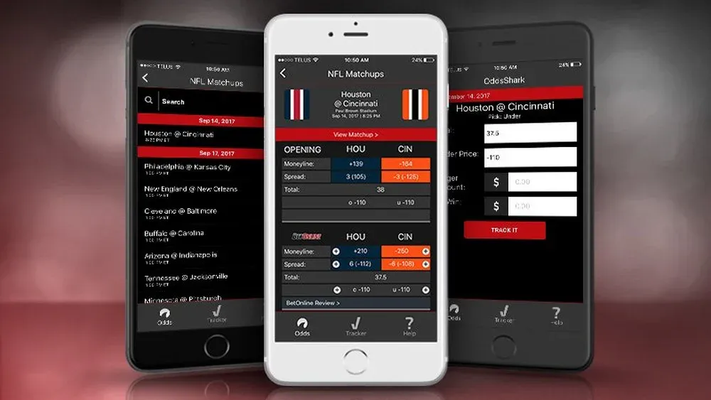 Three smartphones showing different pages of stats and odds for sports betting.