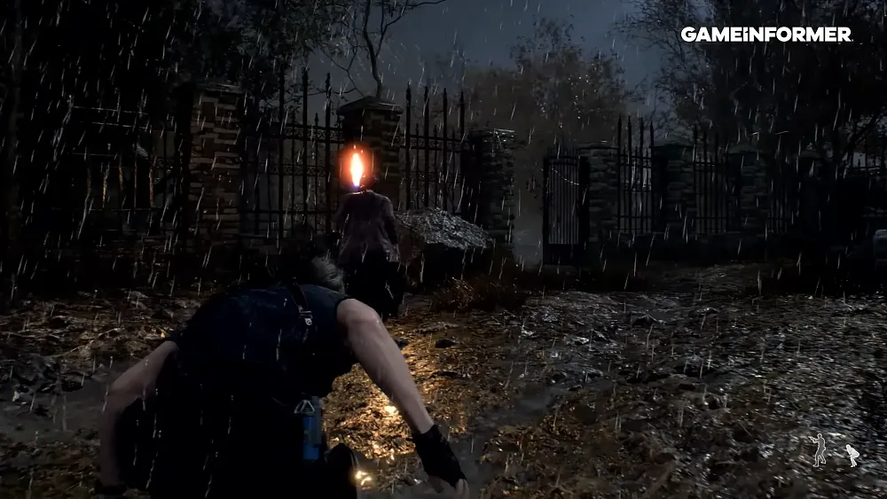 A man sneaking through a graveyard towards another person as weird looking rain falls.