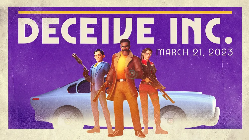 A trio of 60s era cartoony spies holding different weapons standing in front of a silhouette of a car. The title Deceive Inc. is above them on the image.