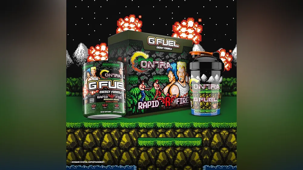 A collector's edition box for an energy drink powder inspired by a video game. The box, tub of powder, and a unique shaker cup are shown off with scenes from the game on all products.