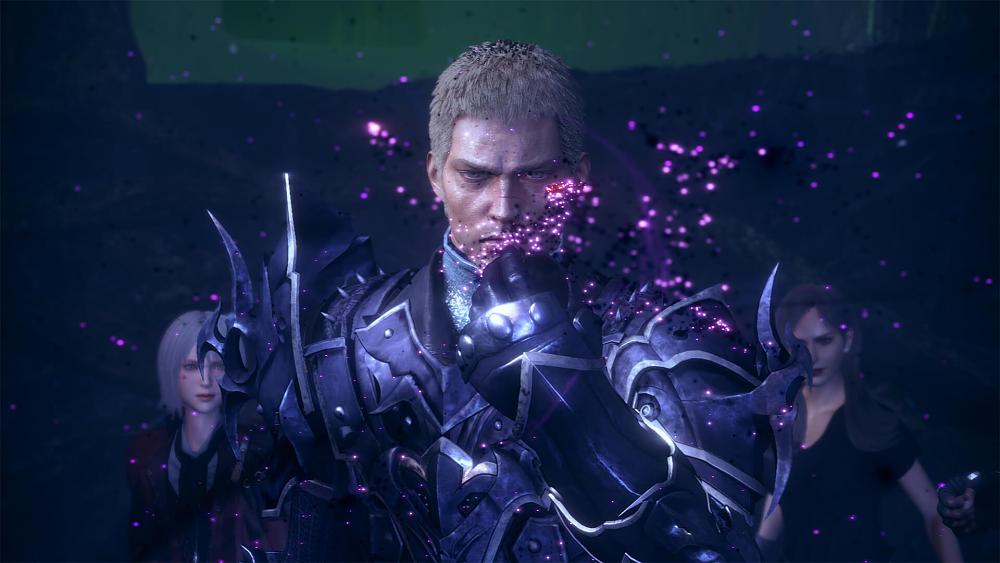An armored man looking menacingly at the camera clenching his fist and surrounded by purple dust.