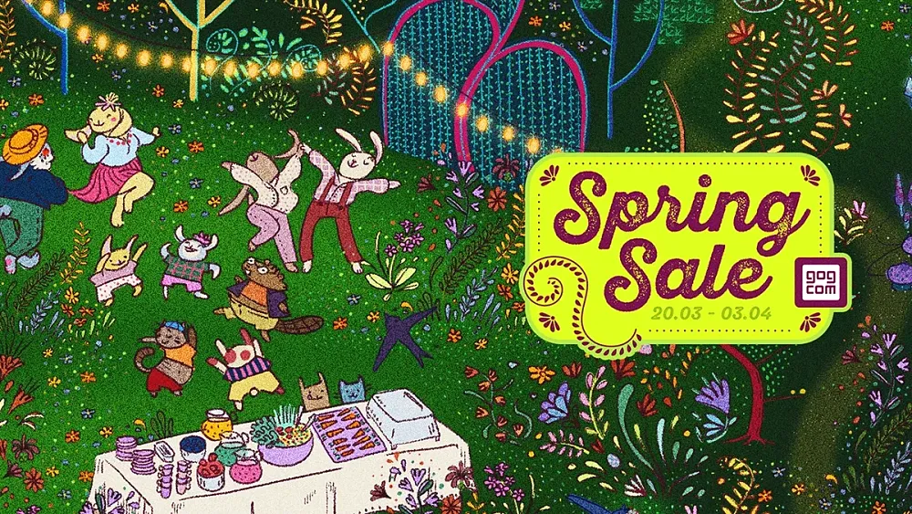 Text: Spring Sale 20.03 - 03.04, GOG.com. The image shows a bunch of animals in human clothes dancing around a colorful field full of spring flowers as they celebrate and enjoy a picnic together.