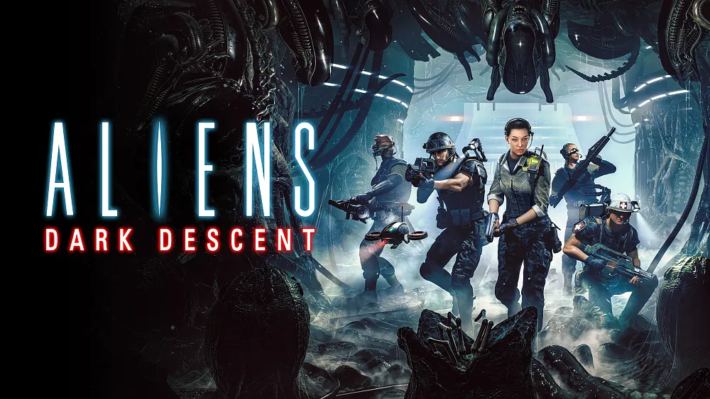 Artwork for a game. A squad of armed soldiers exploring a grotesque alien environment. Text: Aliens: Dark Descent.