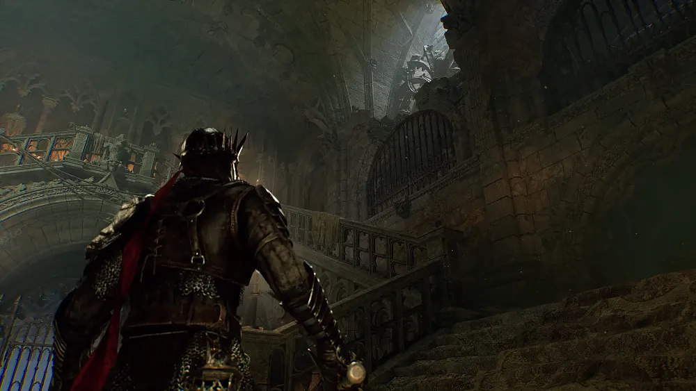 Technical showcase image showing Unreal Engine 5 in use in Lords of the Fallen. An armored character looks up at a broken stone walls in an ancient medieval style castle.