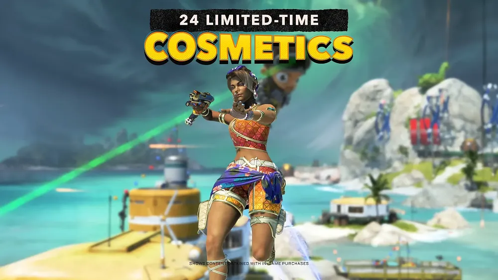 Text: 24 limited-time cosmetics. Image shows a female character jumping through the air and wearing some modest swimwear.
