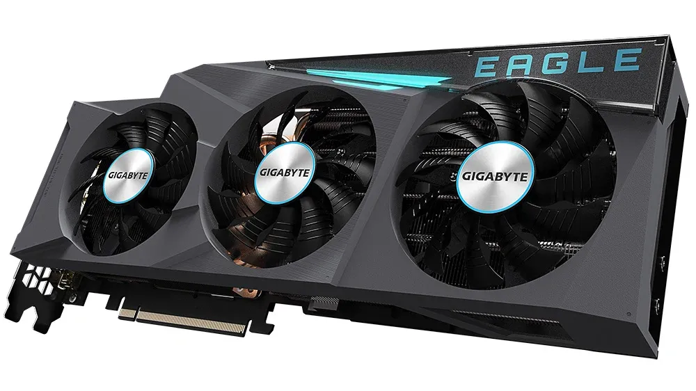 A graphics card for a PC with three fans and a grey, black, and blue color scheme.