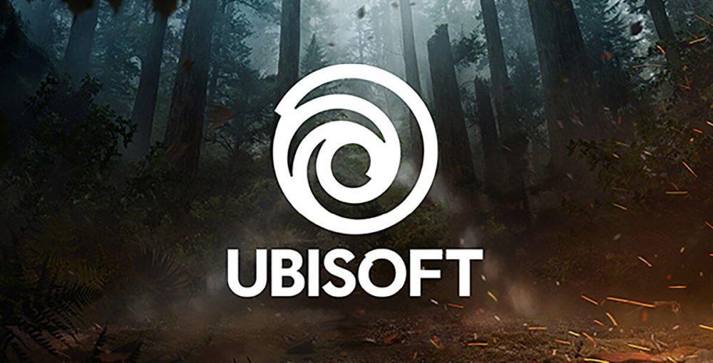 Logo for Ubisoft set against a background of a forest at night.