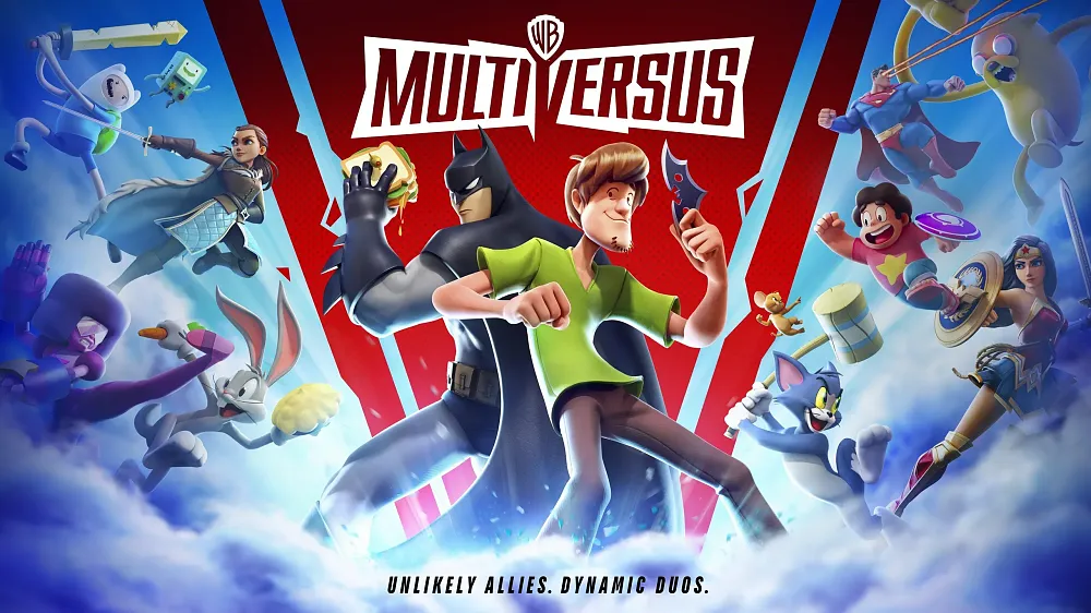 Text: WB MultiVersus. Unlikely allies, dynamic duos. Features a bunch of characters from popular Warner Bros. properties such as Shaggy, Batman, Bugs Bunny, Tom and Jerry, and more.