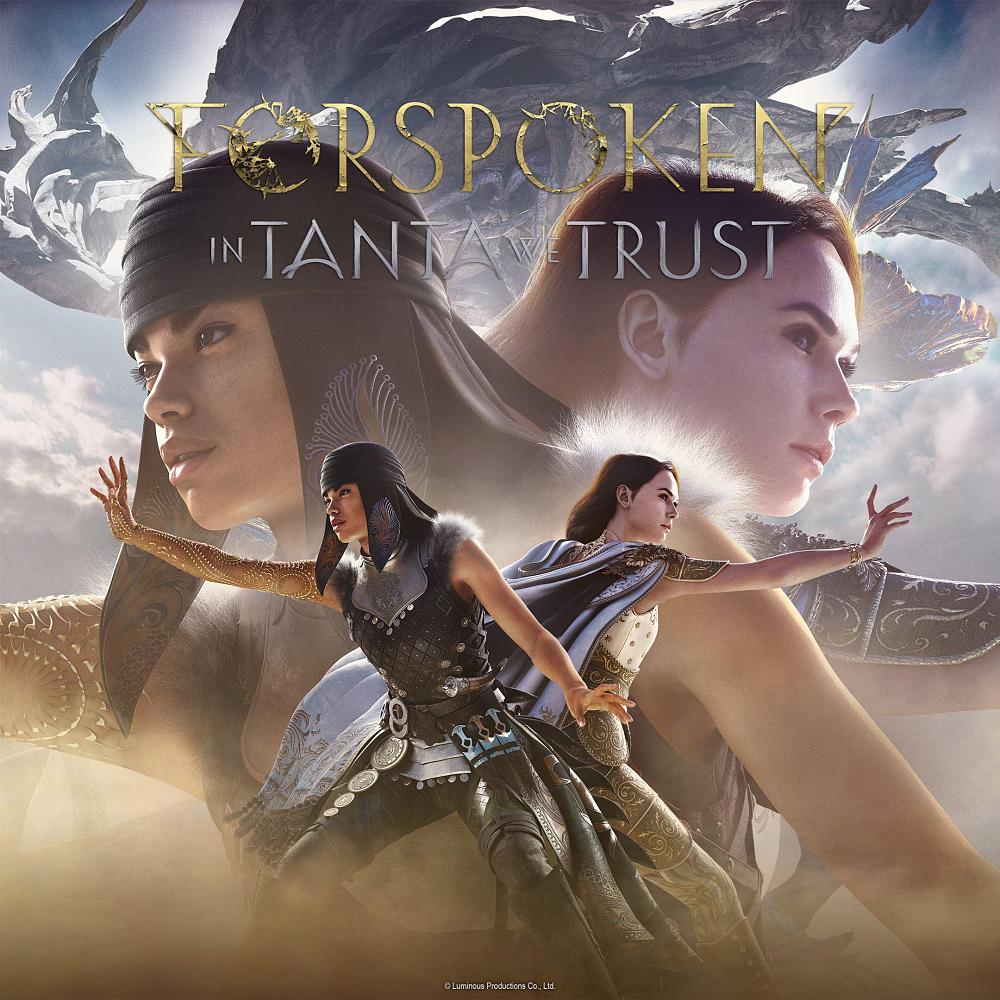 Text: Forspoken - In Tanta We Trust. Image: Two women fighting back to back against enemies out of frame.