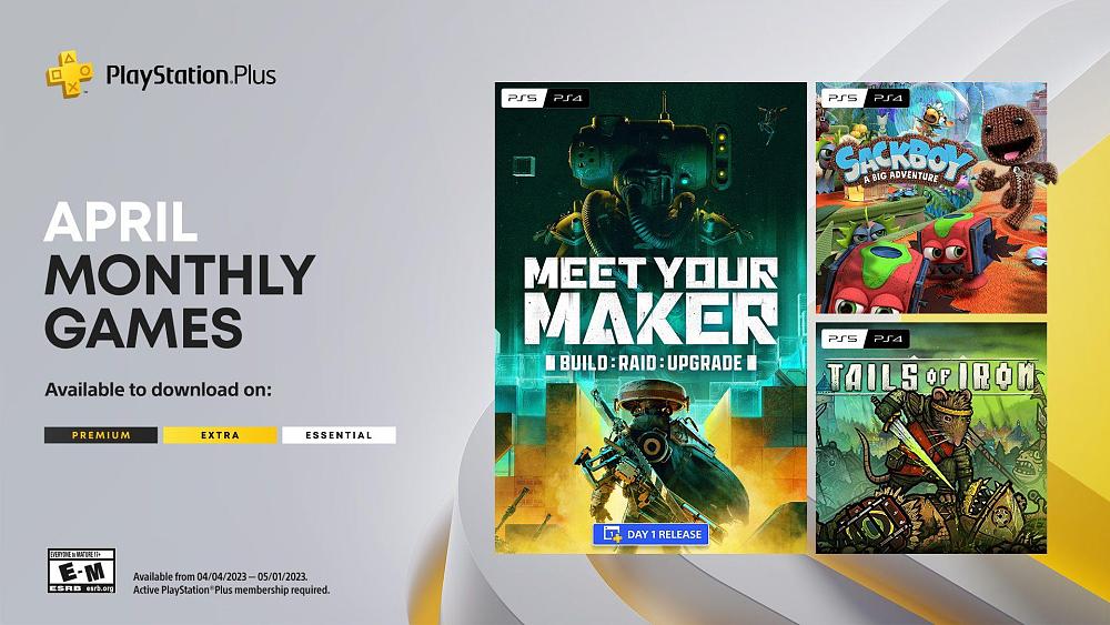 Text: PlayStation Plus. April monthly games. Available to download on: Premium, Extra, Essential. Game box art for Meet Your Maker, Sackboy: A Big Adventure, and Tails or Iron.