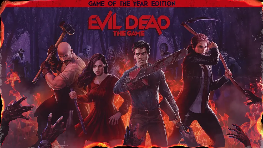Text: Game of the Year Edition. Evil Dead the Game. Image: Four angry, bloodied characters lined up. They all have various weapons including one person with a chainsaw attached to their arm. They are fighting off shadowy demonic figures.