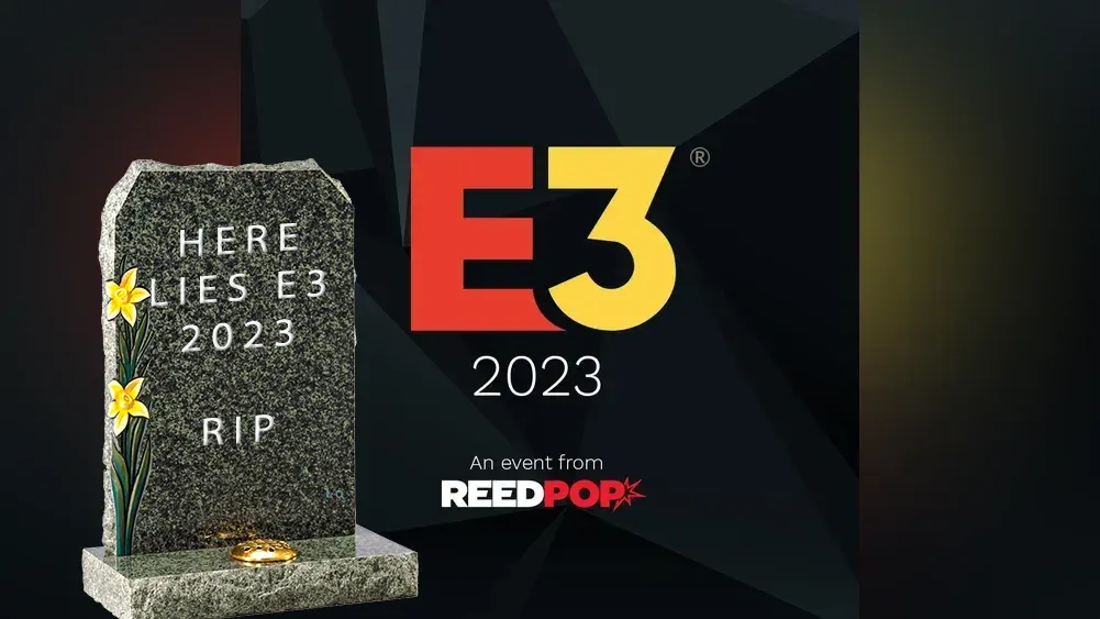 E3 2023 text next to a tombstone saying RIP.
