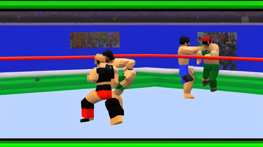 Retro styled wrestling game with blocky, low polygon fighters and low resolution, simple textures.