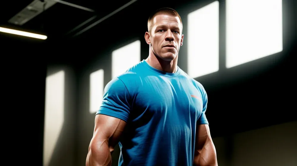 A very muscular man (John Cena) standing in a warehouse, wearing a blue shirt.