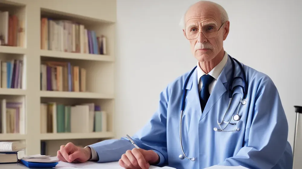 An older medical doctor sitting in a doctor's office with an extra arm attached to his body.