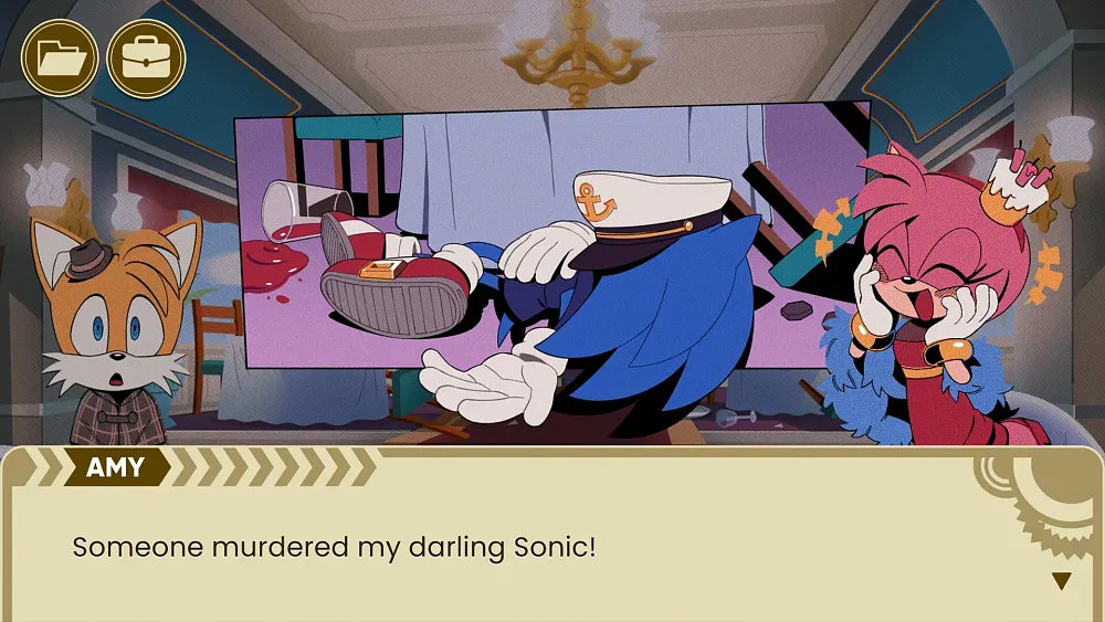 A screenshot from a visual novel game showing a dead Sonic the Hedgehog, Amy the Hedgehog looking shocked, and Tails looking shocked as an old-timey investigator.