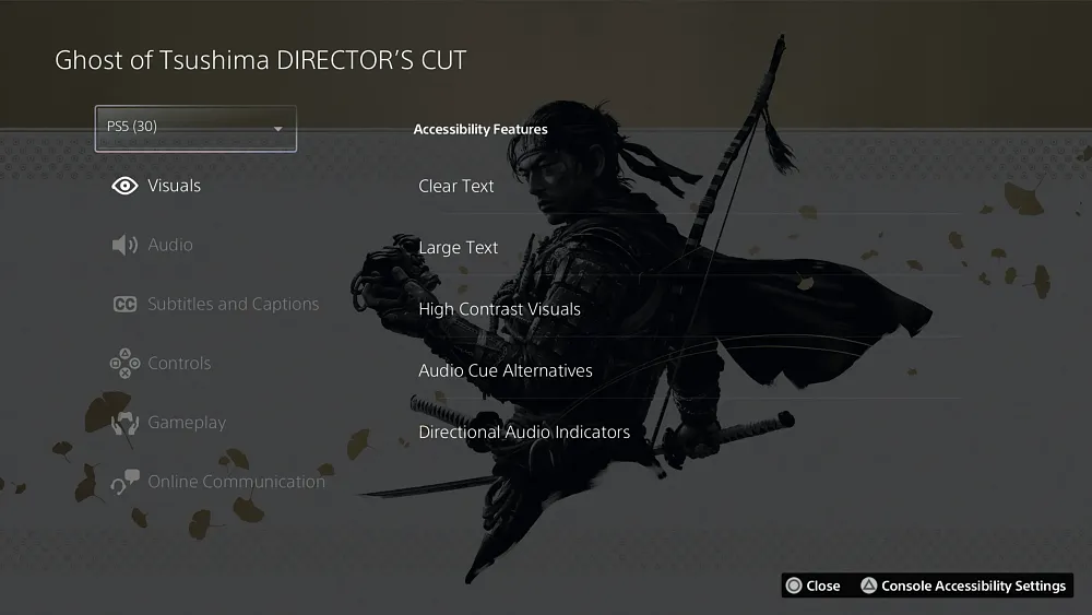 An image from a video game console dashboard showing accessibility options for a game. Text: Ghost of Tsushima Director's Cut. Visuals, Audio, Subtitles and Captions, Controls, Gameplay, Online Communication. Visuals is selected. Right side says: Accessibility Features: Clear Text, Large Text, High Contrast Visuals, Audio Cue Alternatives, Directional Audio Indicators.
