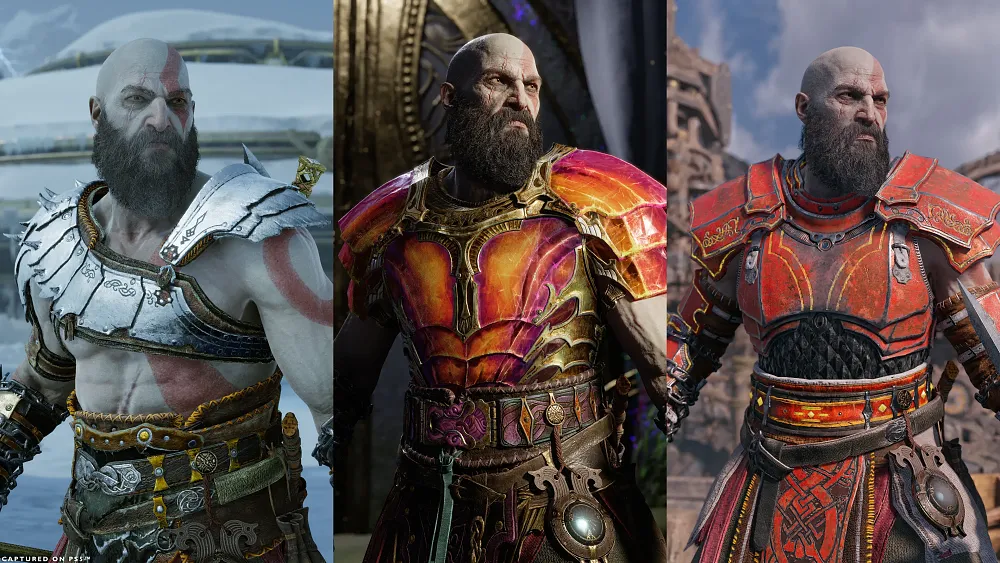 Three different pictures in one. Each showing the same strong, bearded but wearing different fantasy style armors.